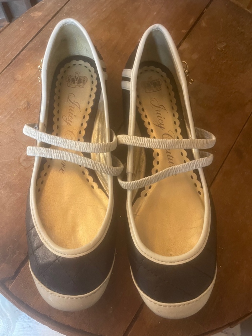 Juicy Couture Black Quilted Flats with White Trim and Elastic Straps